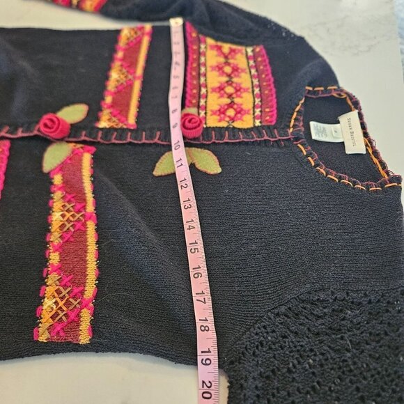 Susan Bristol Small Black Hand Embroidered Cardigan Boho Vintage Festive Floral - Picture 10 of 13